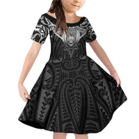 New Zealand Aotearoa Family Matching Off Shoulder Short Dress and Hawaiian Shirt Maori Manta Ray Moko Black LT05 Daughter's Dress Black - Polynesian Pride