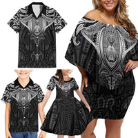 New Zealand Aotearoa Family Matching Off Shoulder Short Dress and Hawaiian Shirt Maori Manta Ray Moko Black LT05 - Polynesian Pride