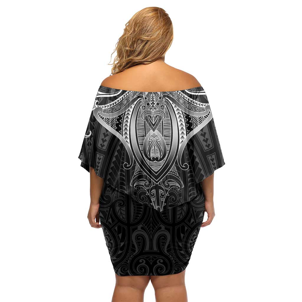 New Zealand Aotearoa Family Matching Off Shoulder Short Dress and Hawaiian Shirt Maori Manta Ray Moko Black LT05 - Polynesian Pride