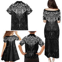New Zealand Aotearoa Family Matching Puletasi and Hawaiian Shirt Maori Manta Ray Moko Black LT05 - Polynesian Pride