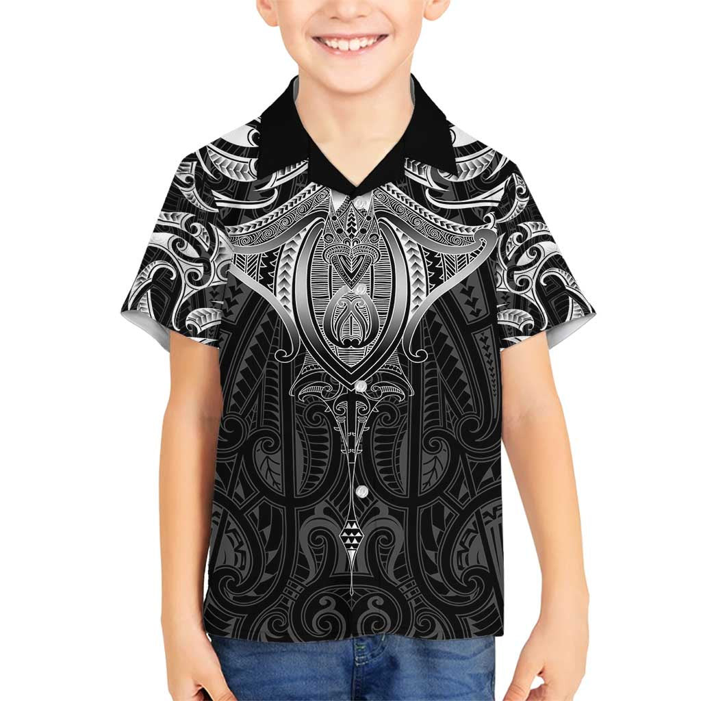 New Zealand Aotearoa Family Matching Puletasi and Hawaiian Shirt Maori Manta Ray Moko Black LT05 Son's Shirt Black - Polynesian Pride