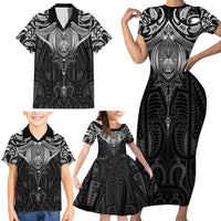 New Zealand Aotearoa Family Matching Short Sleeve Bodycon Dress and Hawaiian Shirt Maori Manta Ray Moko Black LT05 - Polynesian Pride