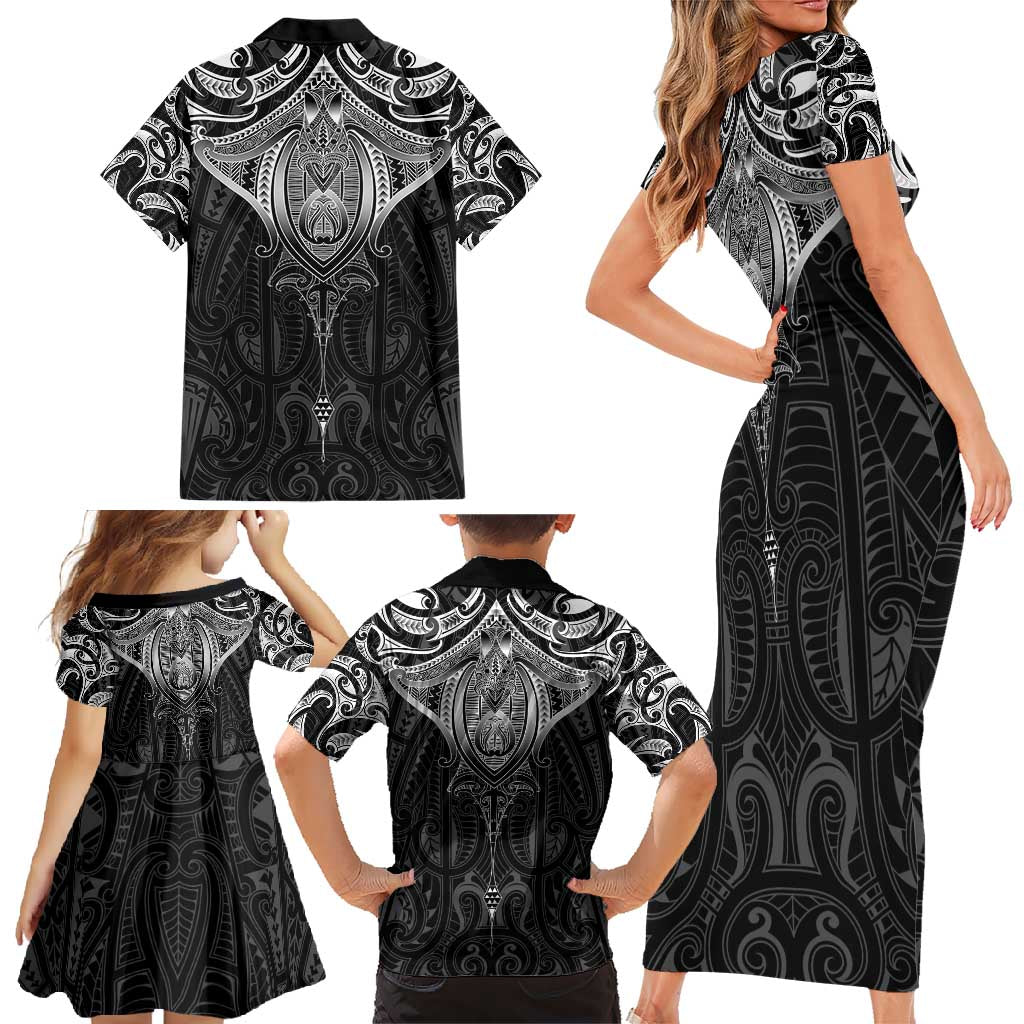 New Zealand Aotearoa Family Matching Short Sleeve Bodycon Dress and Hawaiian Shirt Maori Manta Ray Moko Black LT05 - Polynesian Pride