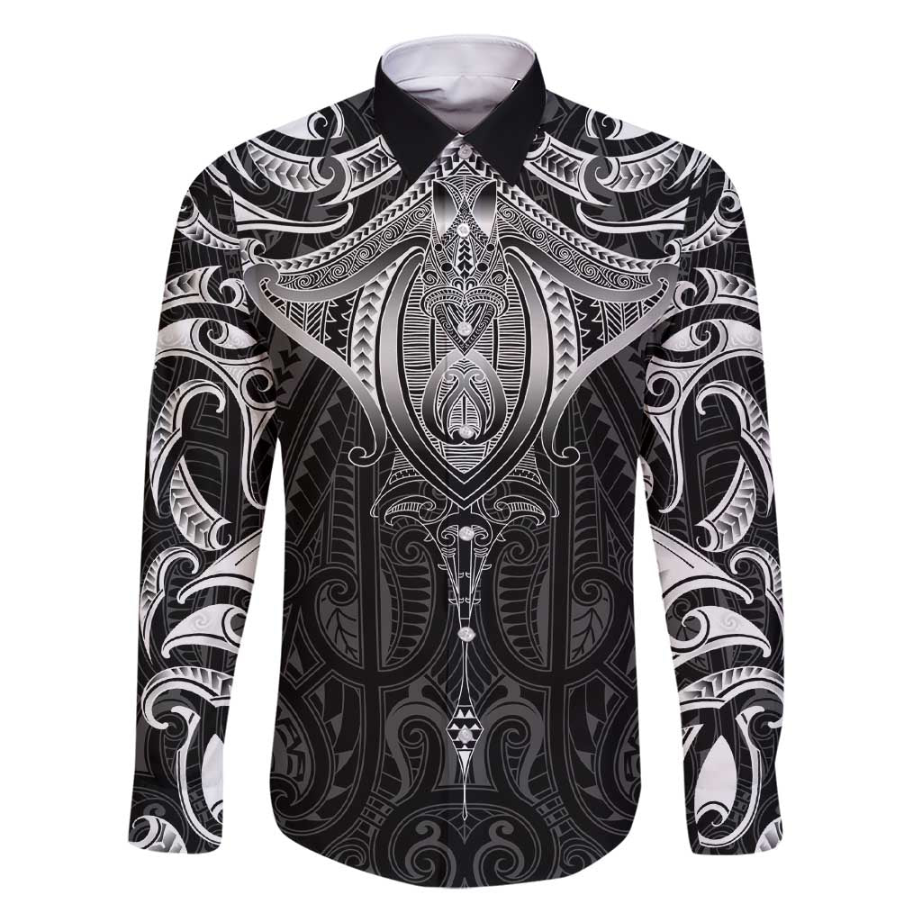 New Zealand Aotearoa Family Matching Short Sleeve Bodycon Dress and Hawaiian Shirt Maori Manta Ray Moko Black LT05 Dad's Shirt - Long Sleeve Black - Polynesian Pride