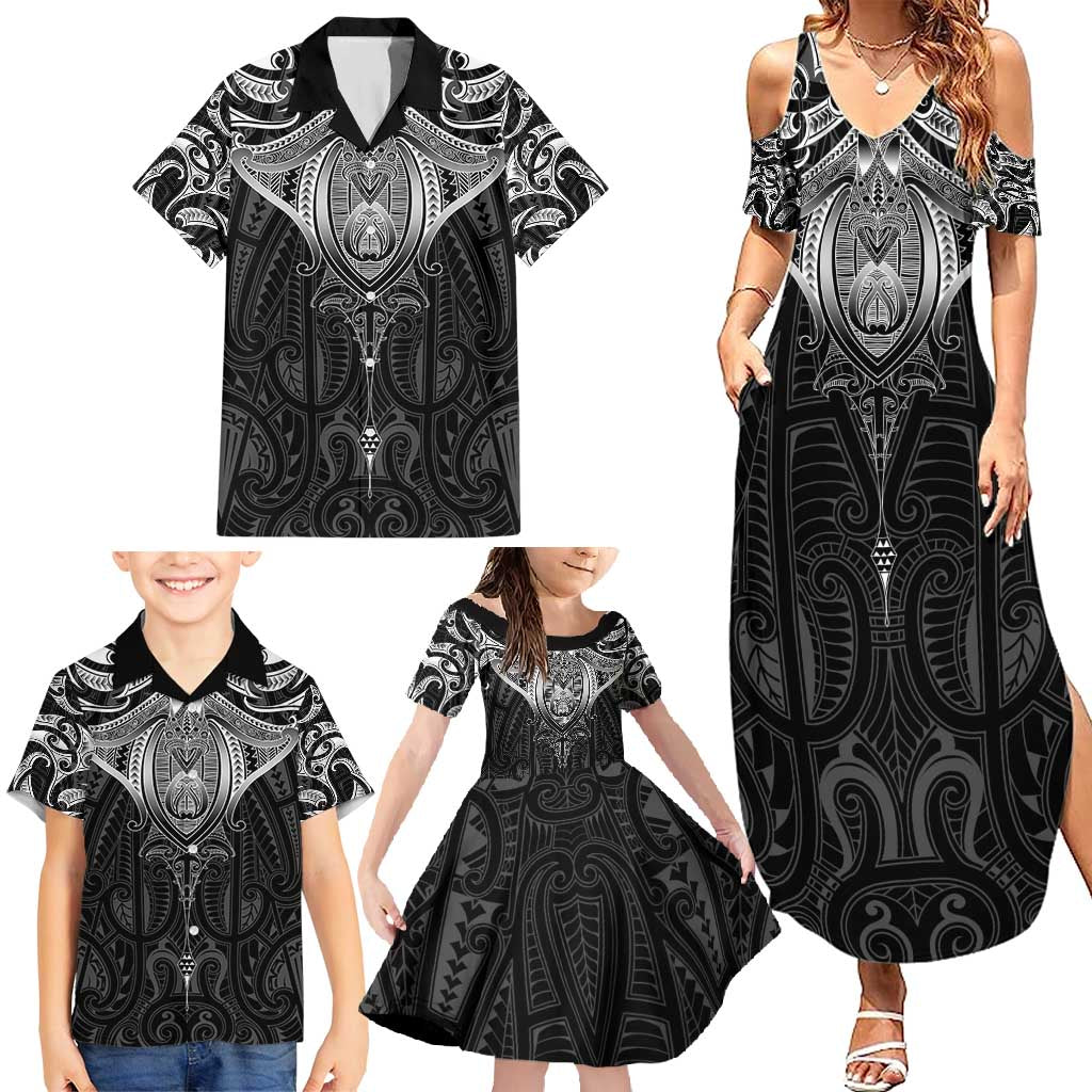 New Zealand Aotearoa Family Matching Summer Maxi Dress and Hawaiian Shirt Maori Manta Ray Moko Black LT05 - Polynesian Pride