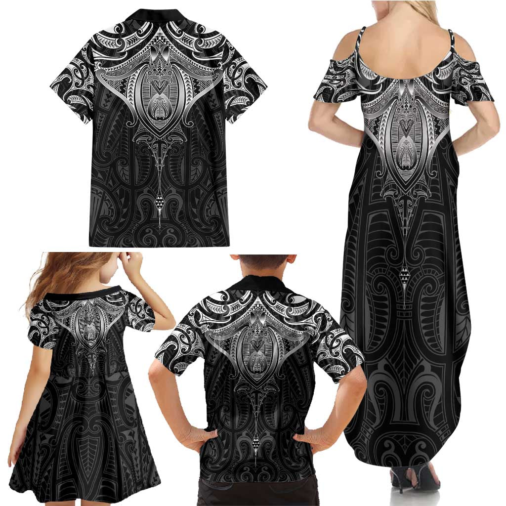 New Zealand Aotearoa Family Matching Summer Maxi Dress and Hawaiian Shirt Maori Manta Ray Moko Black LT05 - Polynesian Pride
