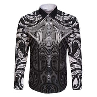 New Zealand Aotearoa Family Matching Summer Maxi Dress and Hawaiian Shirt Maori Manta Ray Moko Black LT05 Dad's Shirt - Long Sleeve Black - Polynesian Pride