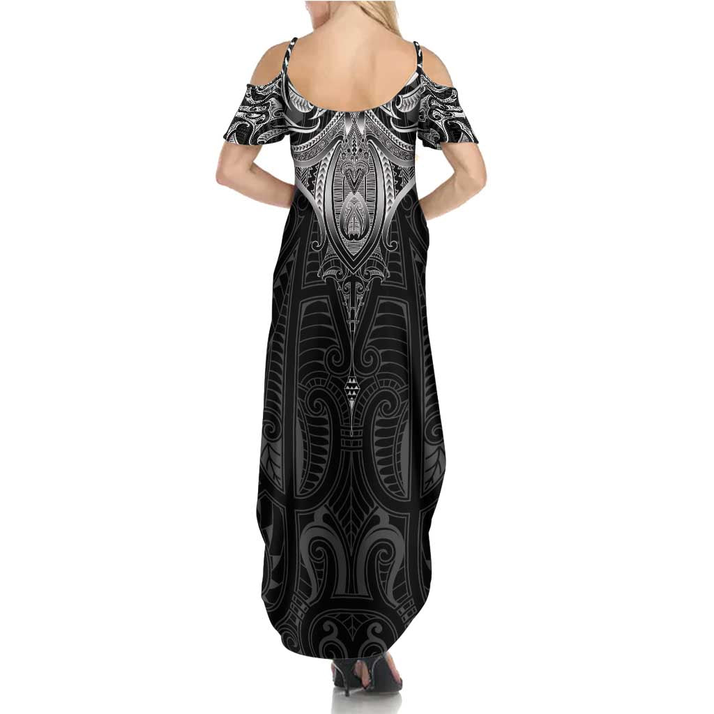 New Zealand Aotearoa Family Matching Summer Maxi Dress and Hawaiian Shirt Maori Manta Ray Moko Black LT05 - Polynesian Pride