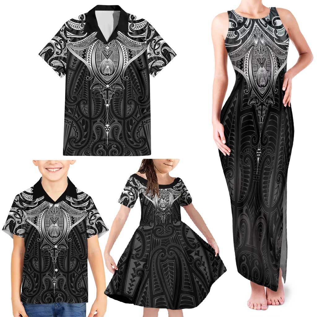 New Zealand Aotearoa Family Matching Tank Maxi Dress and Hawaiian Shirt Maori Manta Ray Moko Black LT05 - Polynesian Pride