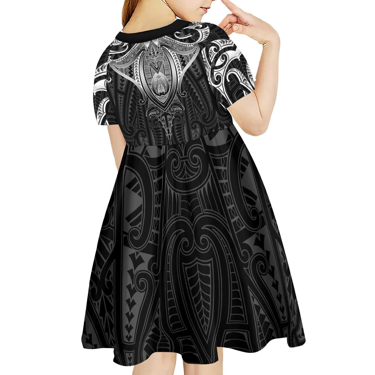 New Zealand Aotearoa Kid Short Sleeve Dress Maori Manta Ray Moko Black LT05 - Polynesian Pride