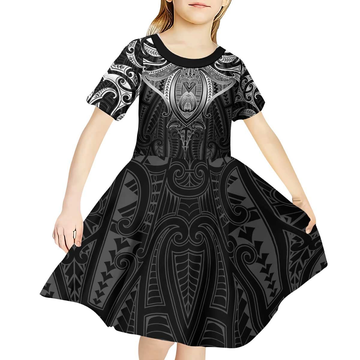 New Zealand Aotearoa Kid Short Sleeve Dress Maori Manta Ray Moko Black LT05 - Polynesian Pride