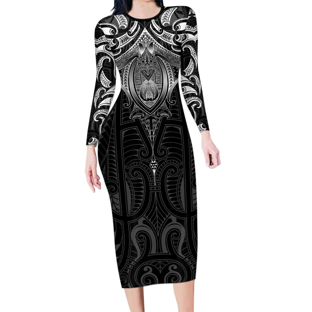 New Zealand Aotearoa Long Sleeve Bodycon Dress Maori Manta Ray Moko Black LT05 Long Dress Black - Polynesian Pride