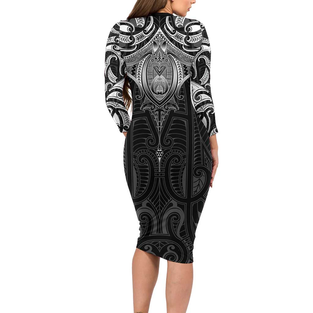New Zealand Aotearoa Long Sleeve Bodycon Dress Maori Manta Ray Moko Black LT05 - Polynesian Pride