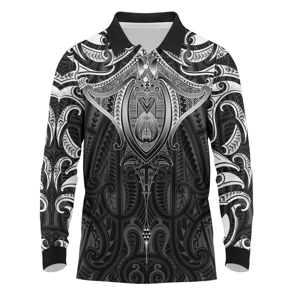 New Zealand Aotearoa Long Sleeve Polo Shirt Maori Manta Ray Moko Black LT05 Black - Polynesian Pride