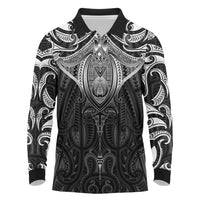 New Zealand Aotearoa Long Sleeve Polo Shirt Maori Manta Ray Moko Black LT05 Black - Polynesian Pride