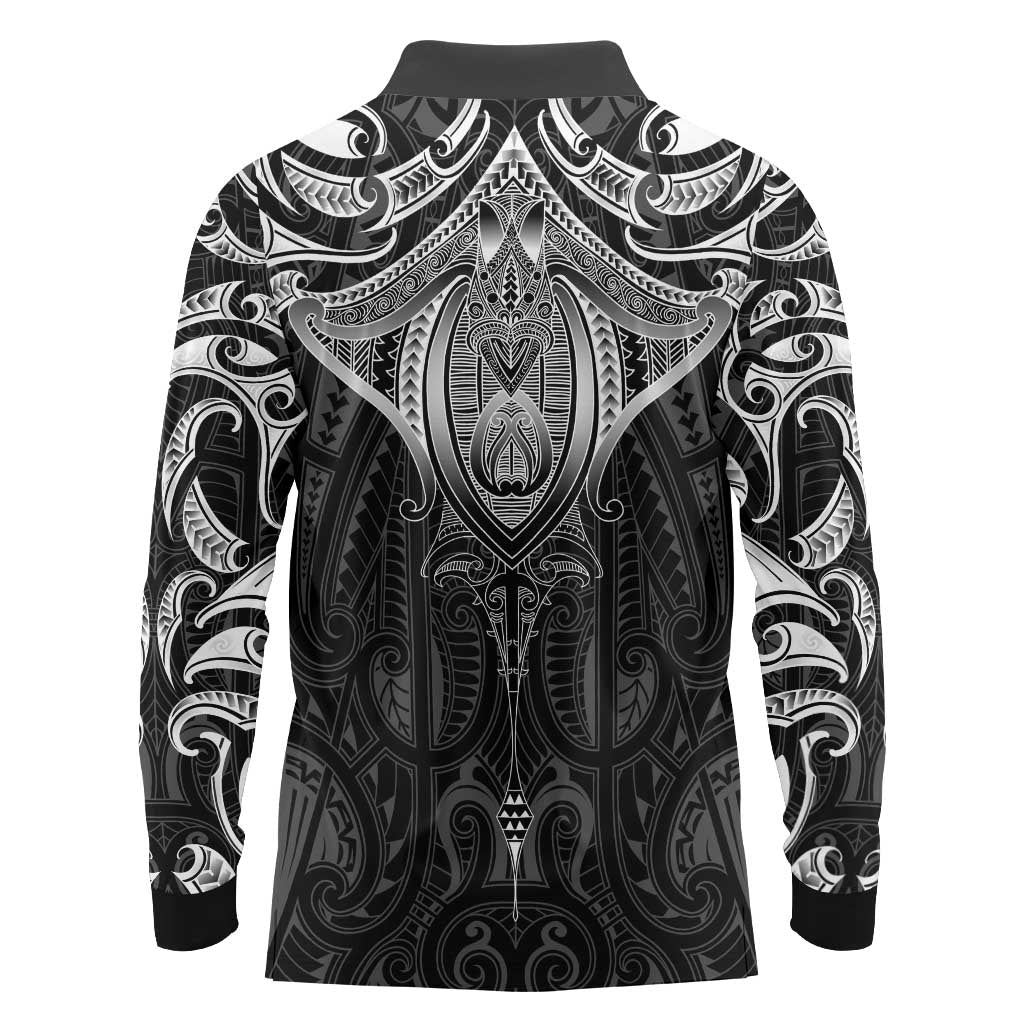 New Zealand Aotearoa Long Sleeve Polo Shirt Maori Manta Ray Moko Black LT05 - Polynesian Pride
