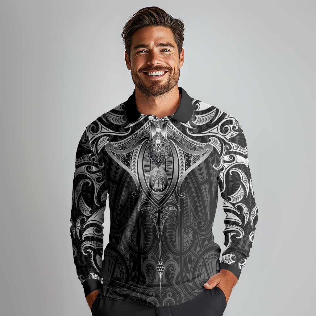New Zealand Aotearoa Long Sleeve Polo Shirt Maori Manta Ray Moko Black LT05 - Polynesian Pride
