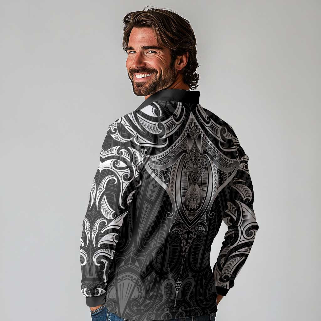 New Zealand Aotearoa Long Sleeve Polo Shirt Maori Manta Ray Moko Black LT05 - Polynesian Pride