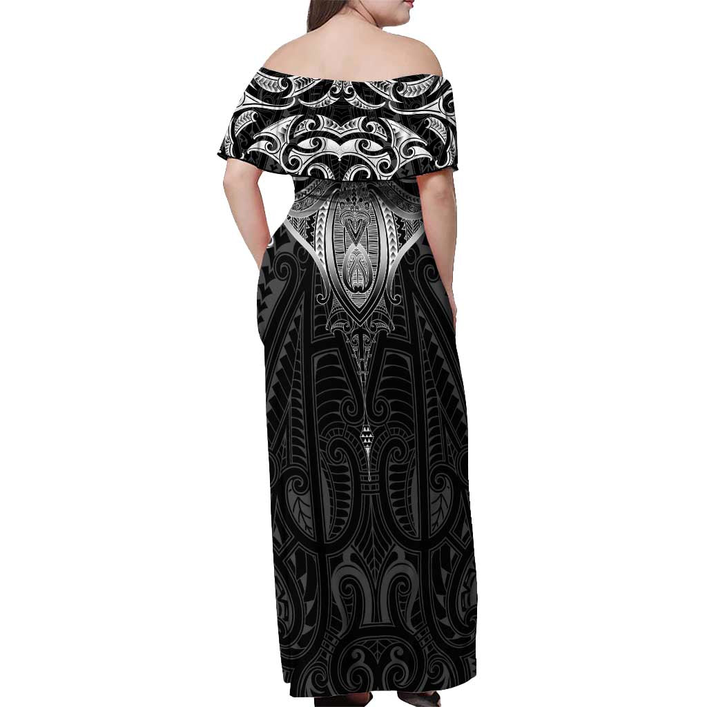 New Zealand Aotearoa Off Shoulder Maxi Dress Maori Manta Ray Moko Black LT05 - Polynesian Pride