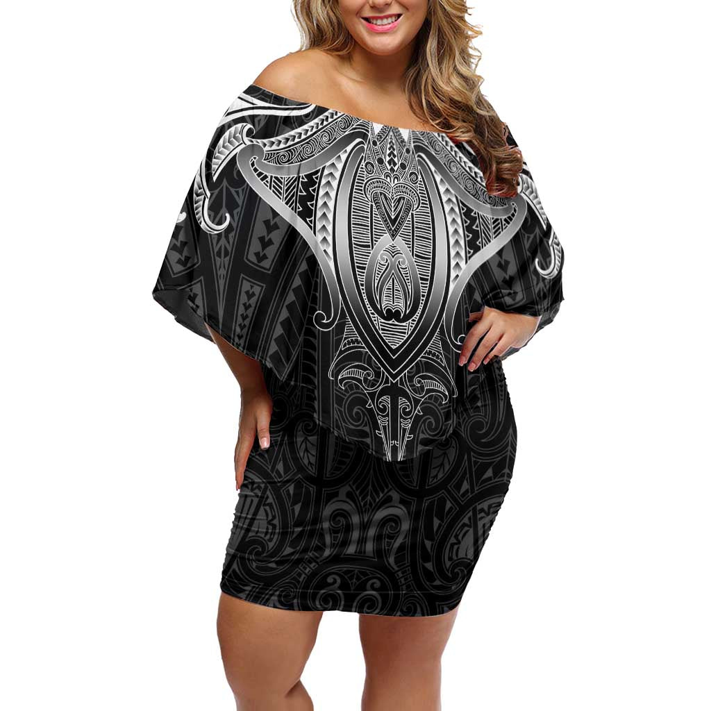 New Zealand Aotearoa Off Shoulder Short Dress Maori Manta Ray Moko Black LT05 Women Black - Polynesian Pride