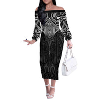New Zealand Aotearoa Off The Shoulder Long Sleeve Dress Maori Manta Ray Moko Black LT05 Women Black - Polynesian Pride