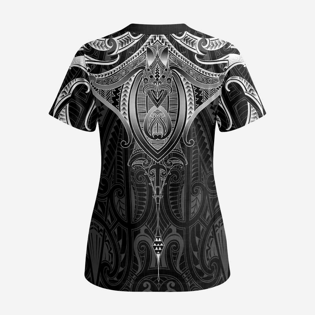 New Zealand Aotearoa Scrub Top Maori Manta Ray Moko Black - Polynesian Pride