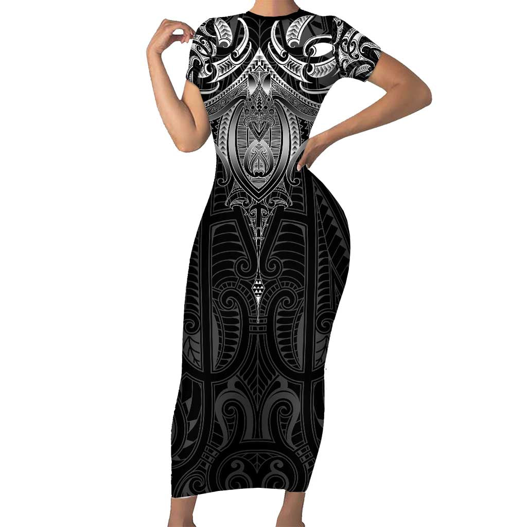 New Zealand Aotearoa Short Sleeve Bodycon Dress Maori Manta Ray Moko Black LT05 Long Dress Black - Polynesian Pride
