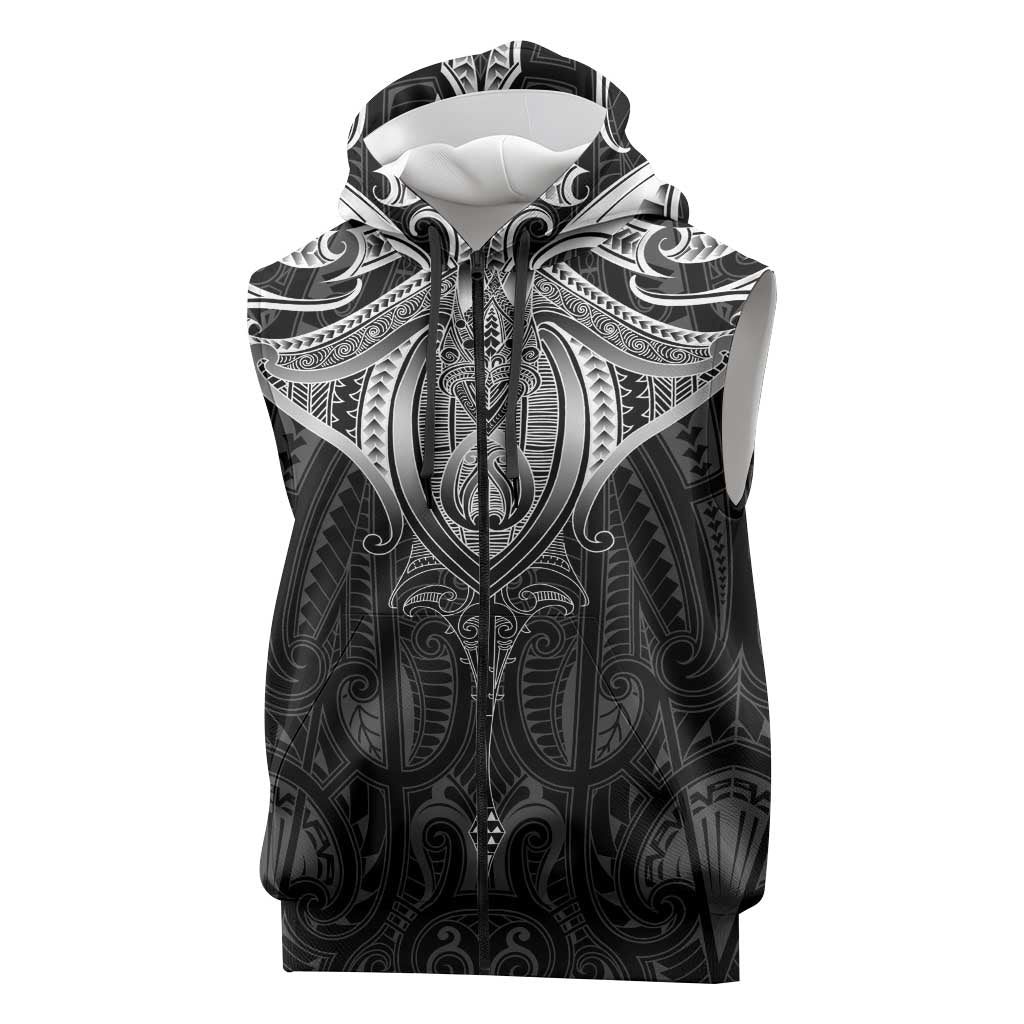 New Zealand Aotearoa Sleeveless Zip Hoodie Maori Manta Ray Moko Black - Polynesian Pride