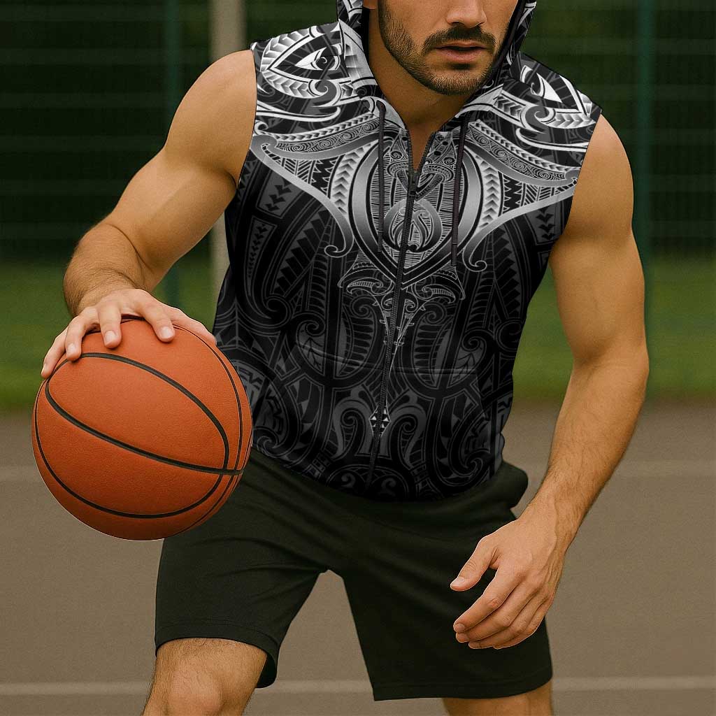 New Zealand Aotearoa Sleeveless Zip Hoodie Maori Manta Ray Moko Black LT05 - Polynesian Pride