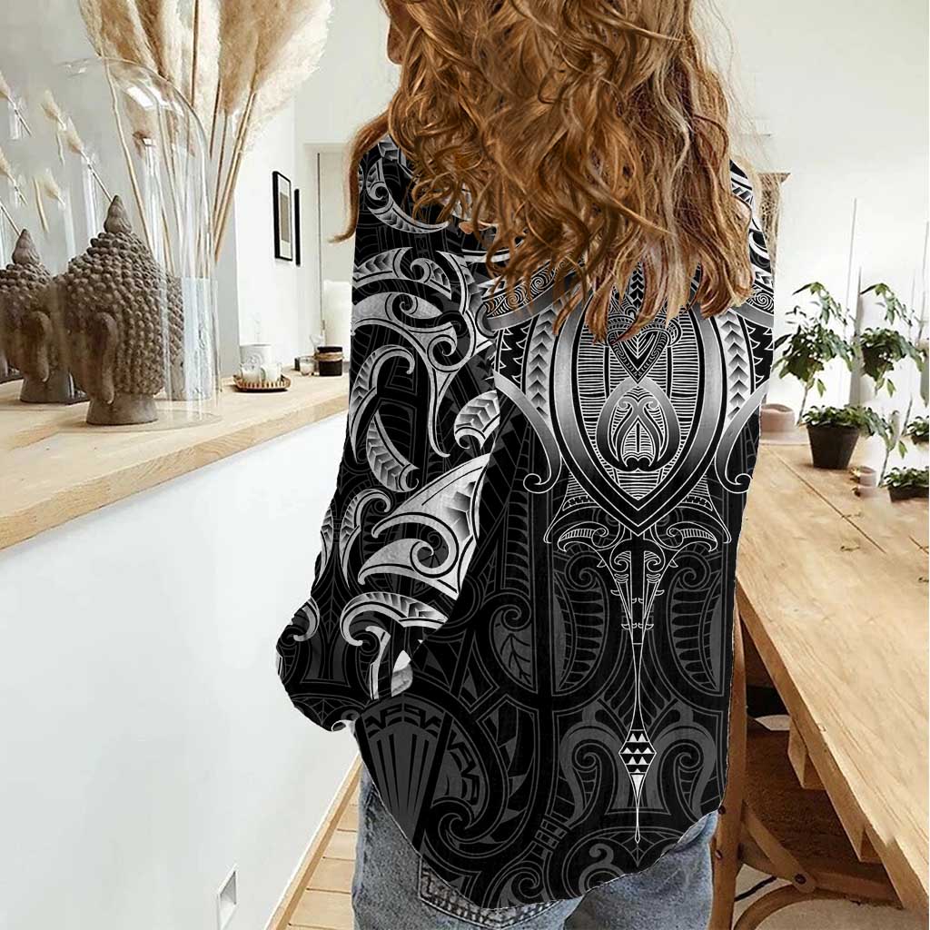 New Zealand Aotearoa Women Casual Shirt Maori Manta Ray Moko Black - Polynesian Pride