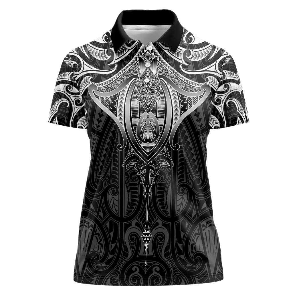 New Zealand Aotearoa Women Polo Shirt Maori Manta Ray Moko Black - Polynesian Pride