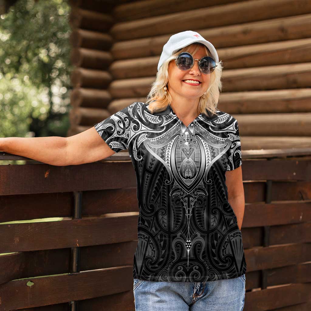New Zealand Aotearoa Women Polo Shirt Maori Manta Ray Moko Black - Polynesian Pride