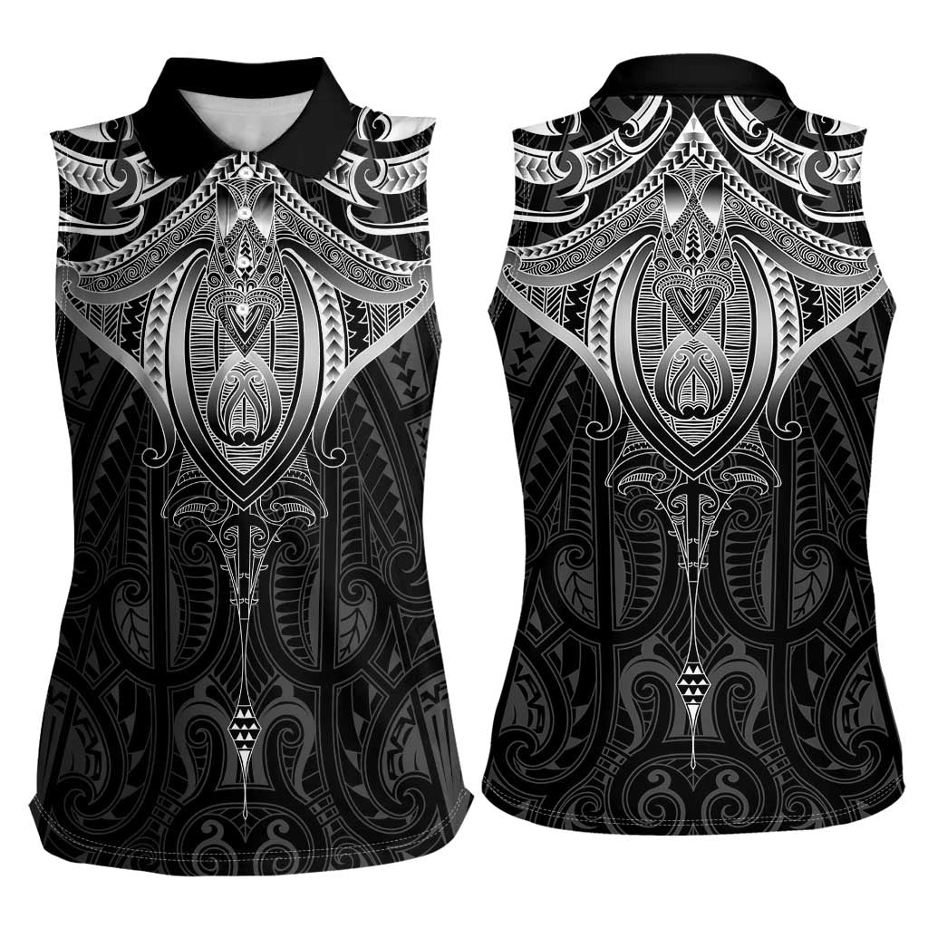 New Zealand Aotearoa Women Sleeveless Polo Shirt Maori Manta Ray Moko Black LT05 - Polynesian Pride