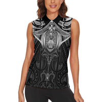 New Zealand Aotearoa Women Sleeveless Polo Shirt Maori Manta Ray Moko Black LT05 - Polynesian Pride