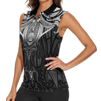 New Zealand Aotearoa Women Sleeveless Polo Shirt Maori Manta Ray Moko Black LT05 - Polynesian Pride
