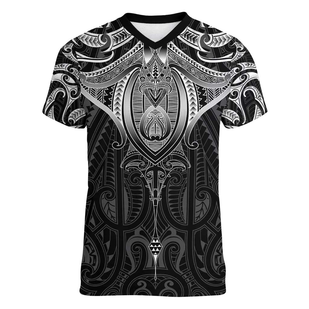 New Zealand Aotearoa Women V-Neck T-Shirt Maori Manta Ray Moko Black LT05 Female Black - Polynesian Pride