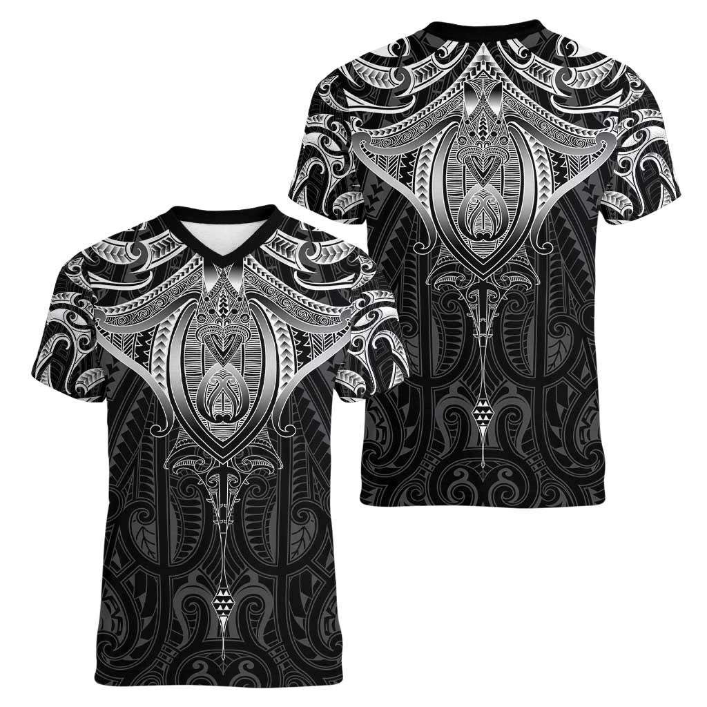 New Zealand Aotearoa Women V-Neck T-Shirt Maori Manta Ray Moko Black LT05 - Polynesian Pride