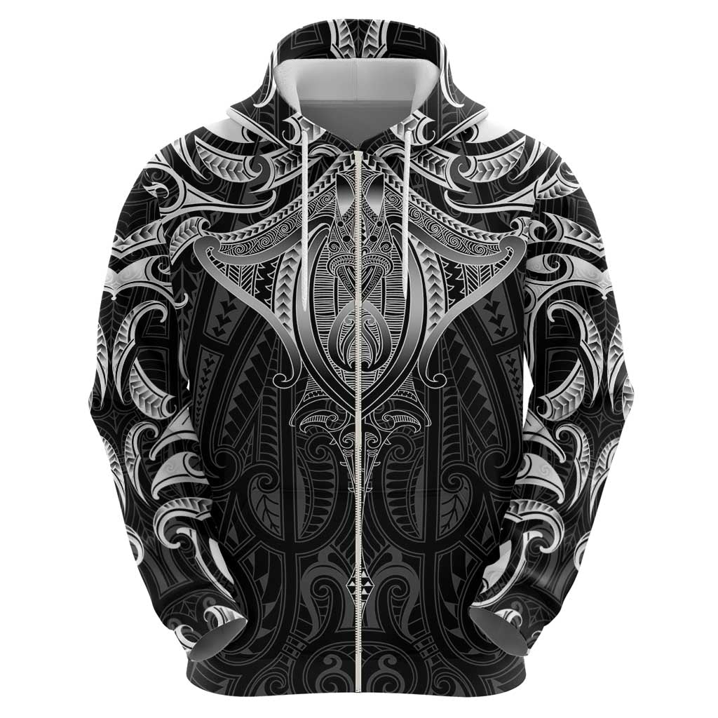 New Zealand Aotearoa Zip Hoodie Maori Manta Ray Moko Black LT05 - Polynesian Pride