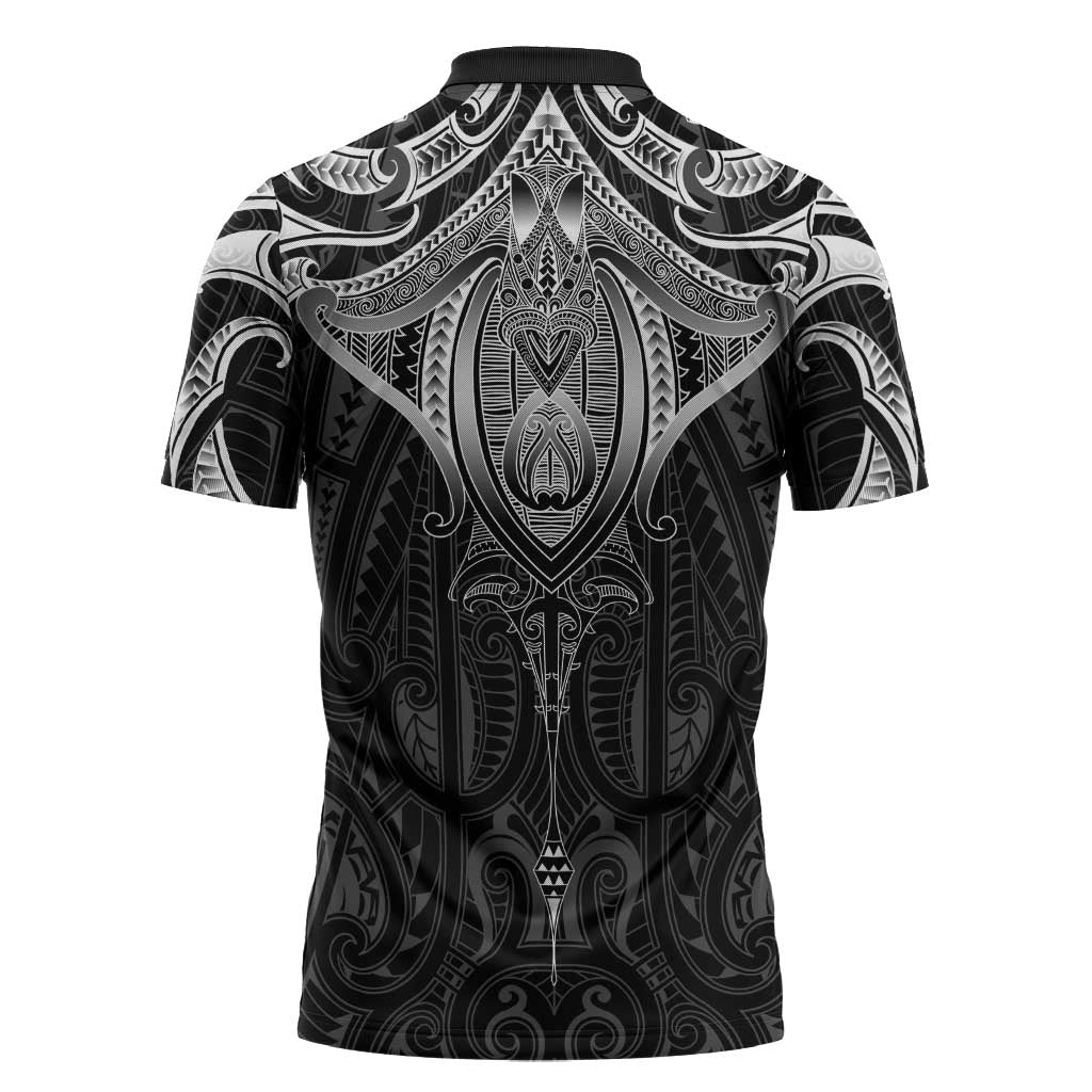 New Zealand Aotearoa Zipper Polo Shirt Maori Manta Ray Moko Black LT05 - Polynesian Pride