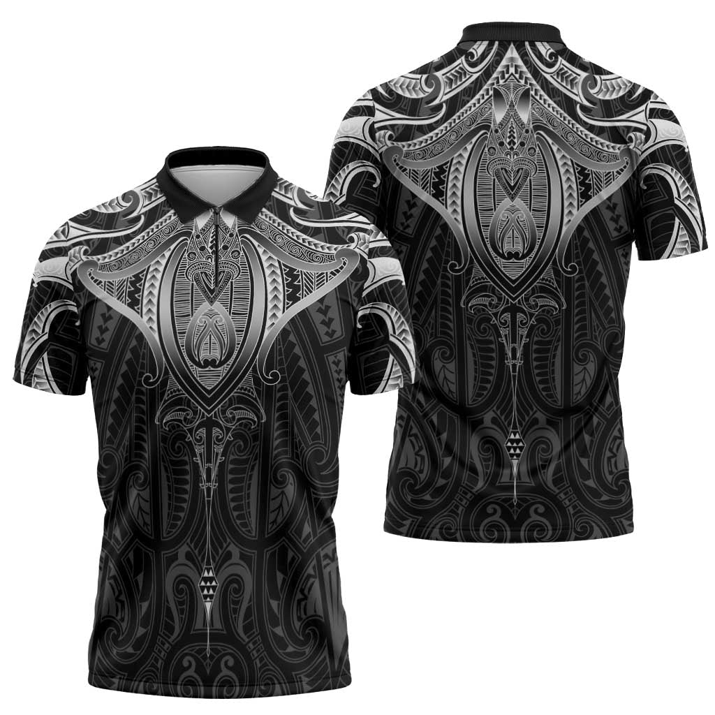 New Zealand Aotearoa Zipper Polo Shirt Maori Manta Ray Moko Black LT05 - Polynesian Pride