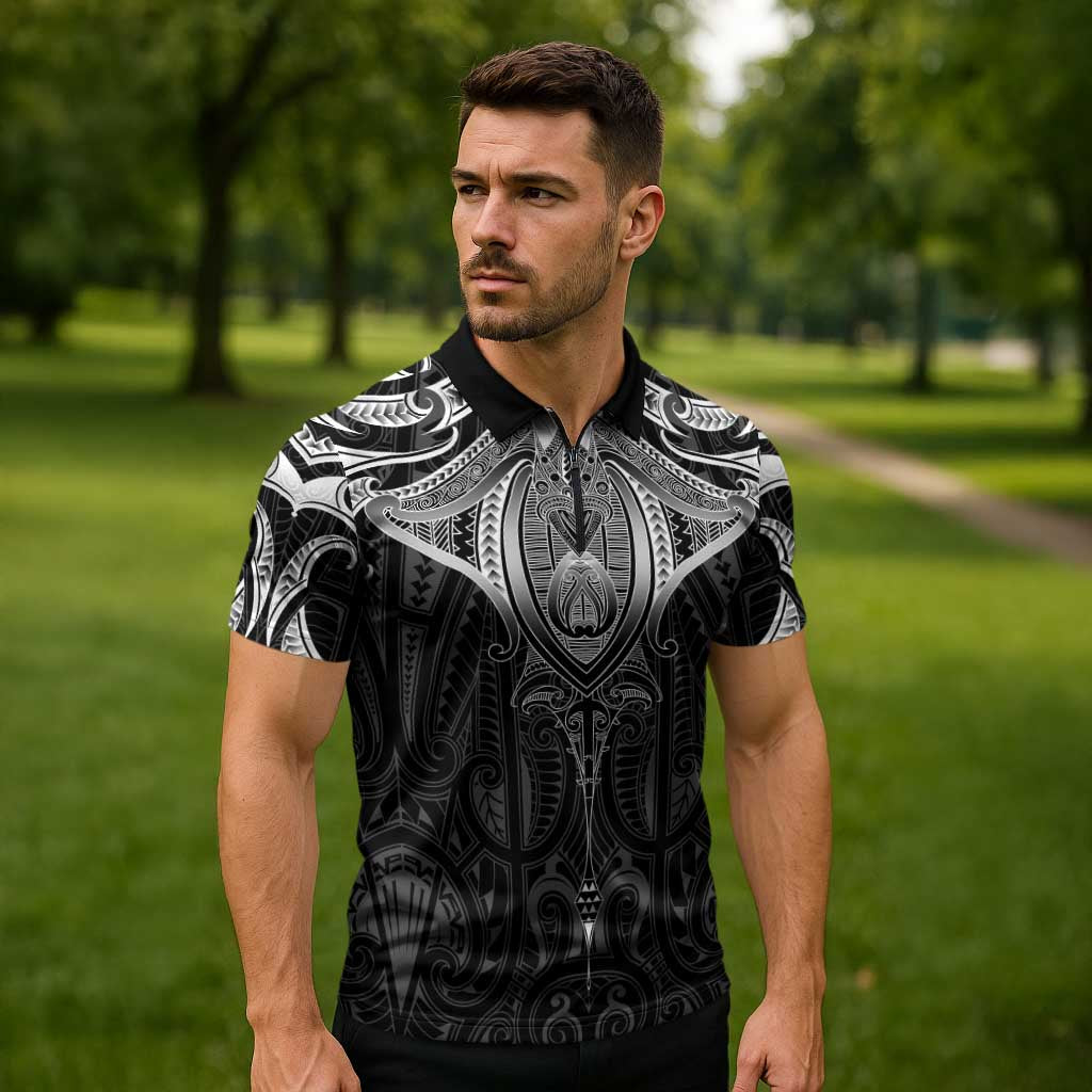 New Zealand Aotearoa Zipper Polo Shirt Maori Manta Ray Moko Black LT05 - Polynesian Pride