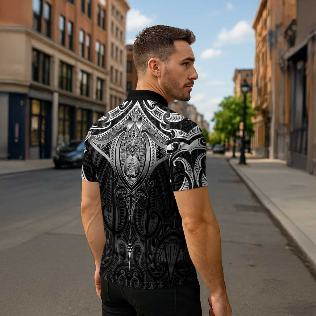 New Zealand Aotearoa Zipper Polo Shirt Maori Manta Ray Moko Black LT05 - Polynesian Pride
