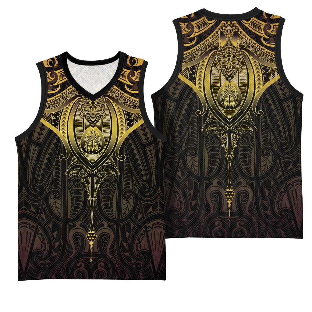 New Zealand Aotearoa Basketball Jersey Maori Manta Ray Moko Gold LT05 - Polynesian Pride