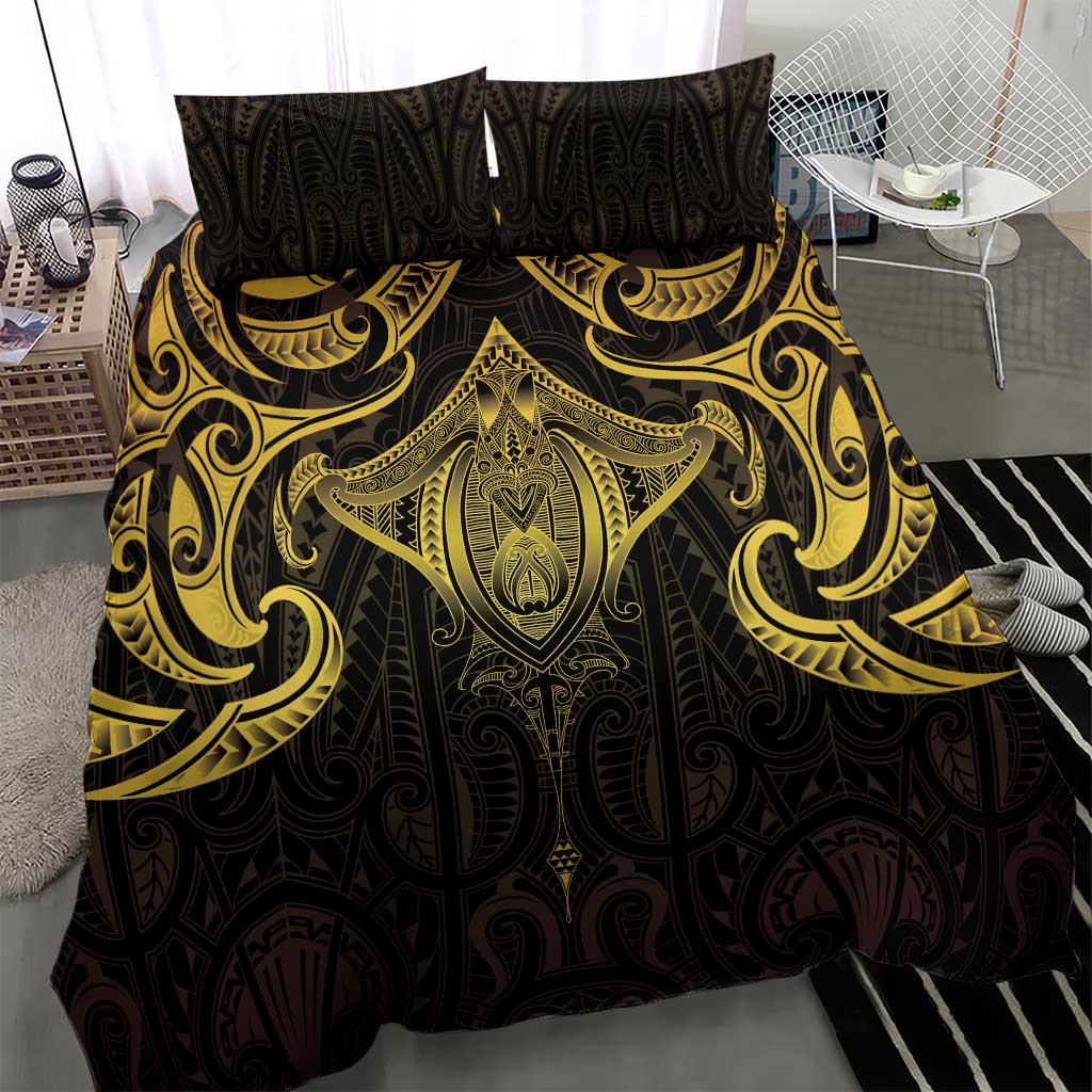 New Zealand Aotearoa Bedding Set Maori Manta Ray Moko Gold - Polynesian Pride