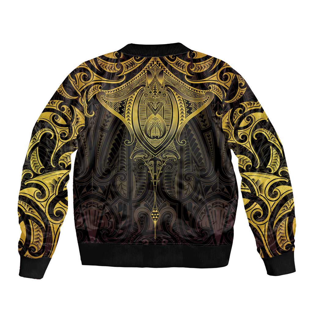 New Zealand Aotearoa Bomber Jacket Maori Manta Ray Moko Gold - Polynesian Pride