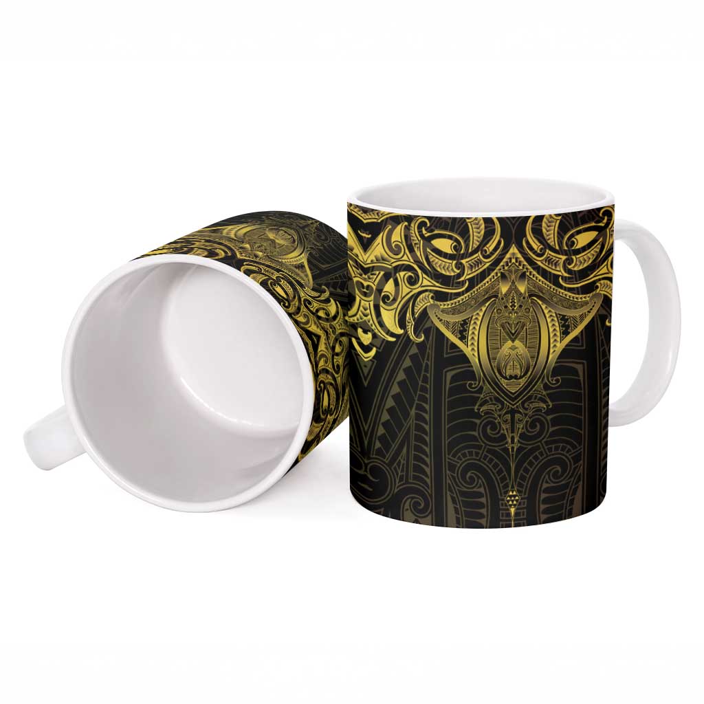 New Zealand Aotearoa Ceramic Mug Maori Manta Ray Moko Gold - Polynesian Pride