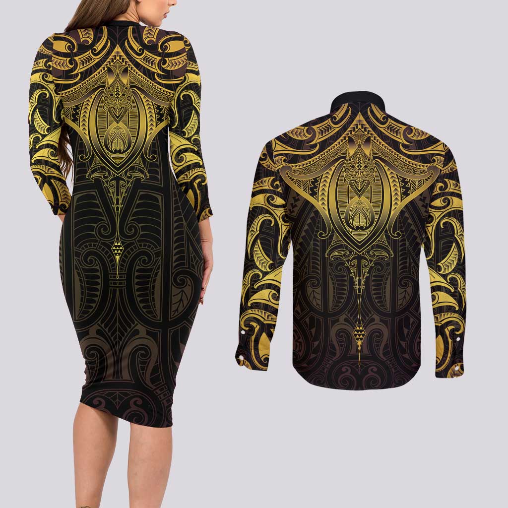 New Zealand Aotearoa Couples Matching Long Sleeve Bodycon Dress and Long Sleeve Button Shirt Maori Manta Ray Moko Gold LT05 - Polynesian Pride
