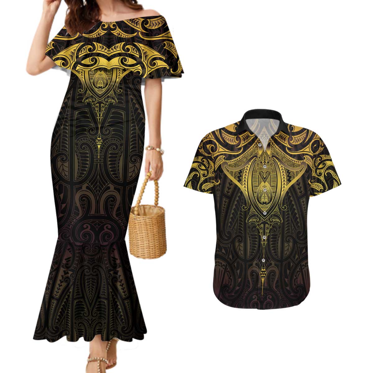 New Zealand Aotearoa Couples Matching Mermaid Dress and Hawaiian Shirt Maori Manta Ray Moko Gold LT05 Gold - Polynesian Pride