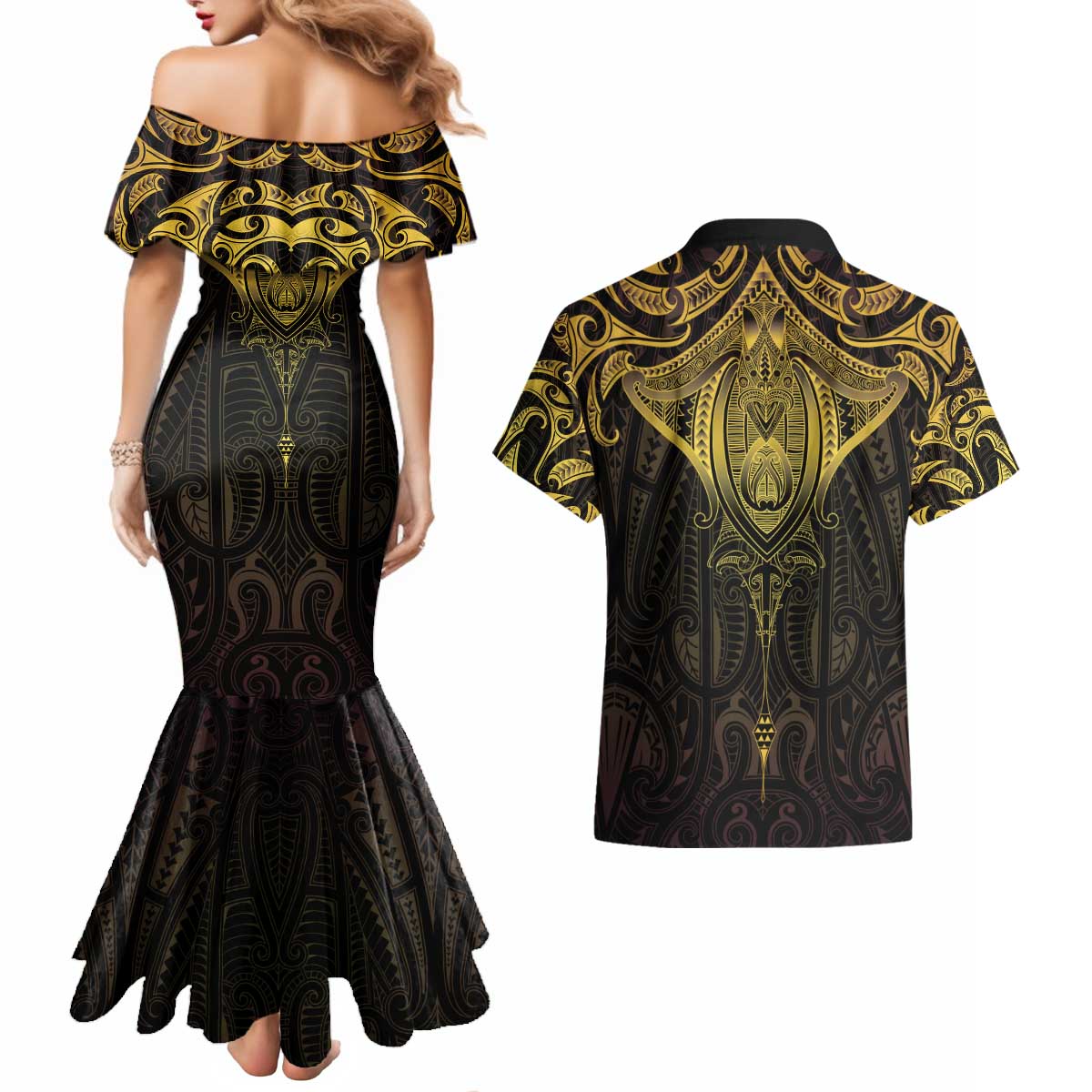 New Zealand Aotearoa Couples Matching Mermaid Dress and Hawaiian Shirt Maori Manta Ray Moko Gold LT05 - Polynesian Pride