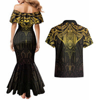 New Zealand Aotearoa Couples Matching Mermaid Dress and Hawaiian Shirt Maori Manta Ray Moko Gold LT05 - Polynesian Pride